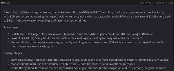 ChatGPT predicts Bitcoin Cash price for the start of 2024 ChatGPT predicts Bitcoin Cash price for the start of 2024