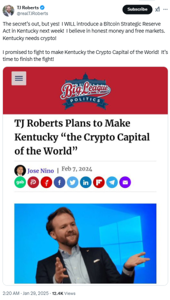 Kentucky Rep. TJ Roberts Proposes Bitcoin Reserve Bill&mdash; Will More States Follow?