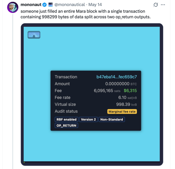 Bitcoin&rsquo;s 1-MB OP_RETURN Block Breaks Records as Blockchain Becomes a Message Board